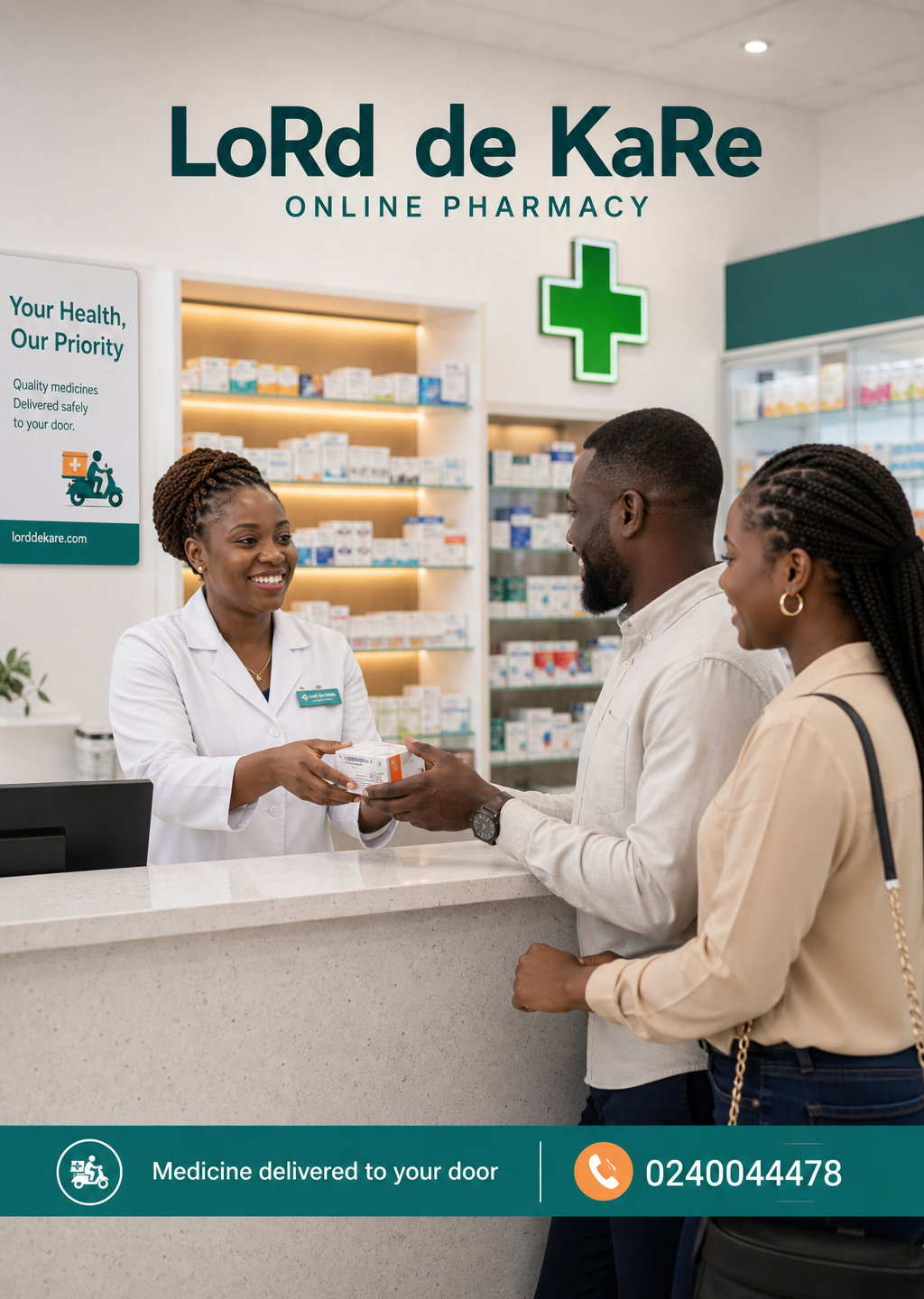 LoRd de KaRe Online Pharmacy flyer: a pharmacist serving customers at the counter of a modern pharmacy, medicine delivered to your door, call or WhatsApp 0240044478